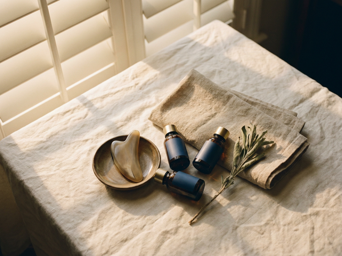 Editorial flatlay of cosmetic dermatology essentials